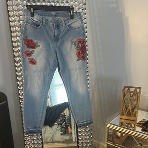 Women's Blue Jeans with Red Floral Embroidery